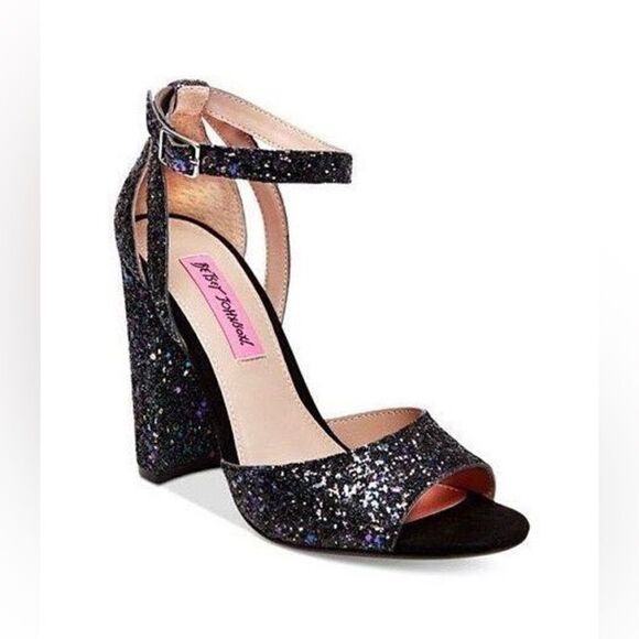 Betsey Johnson Black Rainbow Glitter Glissten Ankle Strap Sandal Block Heels 7.5 - Picture 1 of 10